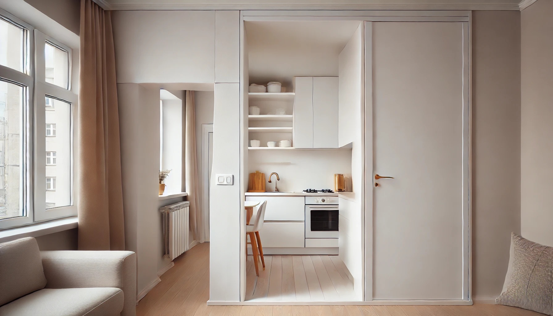 Cocina abierta con estanterías de pladur e iluminación indirecta.